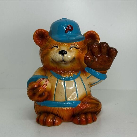 Vintage 90’s Teddy Bear Musical Piggy Bank Baseball Theme Hand Painted 7 1/2” H - Picture 1 of 9